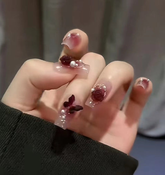 Enchanted Garden Long Coffin Burgundy Press On Nails with Floral Accents and 3D Embellishments