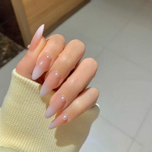 Elegant Bridal Collection Long Almond Pink Ombre Press On Nails with Pearl Accents
