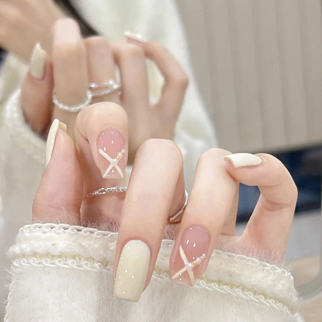 Elegant Bridal Collection Medium Square Beige Glitter Accent Press On Nail Set with Rhinestone Embellishments