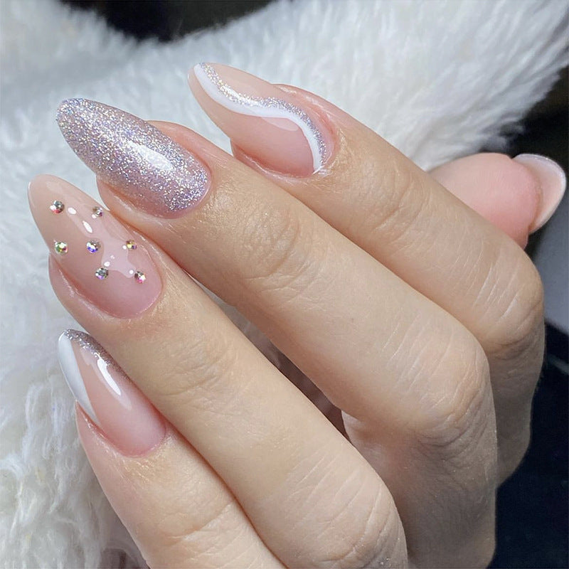 Starry Night Long Almond Glitter Pink Press On Nail Set with Rhinestone Accents