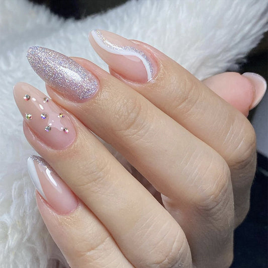 Starry Night Long Almond Glitter Pink Press On Nail Set with Rhinestone Accents