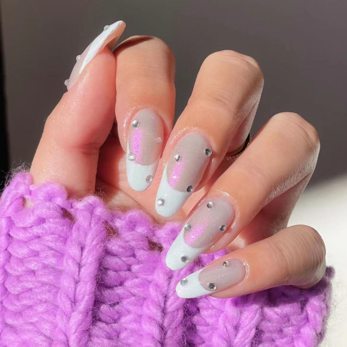 Enchanted Frost Long Oval Light Gray Press On Nails with Iridescent Glitter and Rhinestone Accents