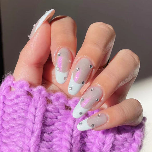 Enchanted Frost Long Oval Light Gray Press On Nails with Iridescent Glitter and Rhinestone Accents
