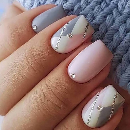 Go Your Way Short Square Gray Geometric Press On Nails