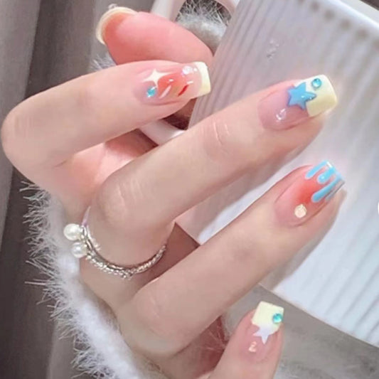 Summer Stars Medium Coffin Blue Cute Press On Nails