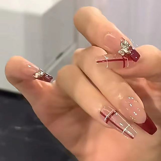 Chic Couture Long Coffin Burgundy Press-On Nails with Gold Stripe Accents and Crystal Details