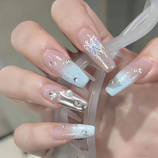 Ice Queen Long Stiletto Baby Blue and Silver Press-On Nails with Glitter and Gem Accents