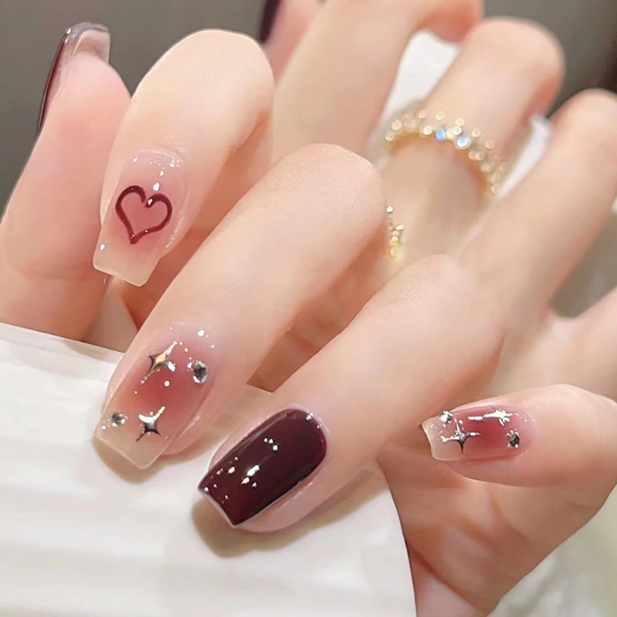 Romantic Rendezvous Medium Length Square Press On Nails in Beige and Burgundy with Heart and Star Glitter Accents