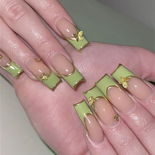 Spring Fling Long Square Olive Green Press On Nails with Golden Butterfly Charms