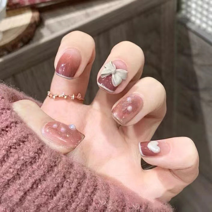 Enchanted Autumn Elegance Short-Length Square Mauve Press On Nails with 3D Bow Accent and Sparkle Detail