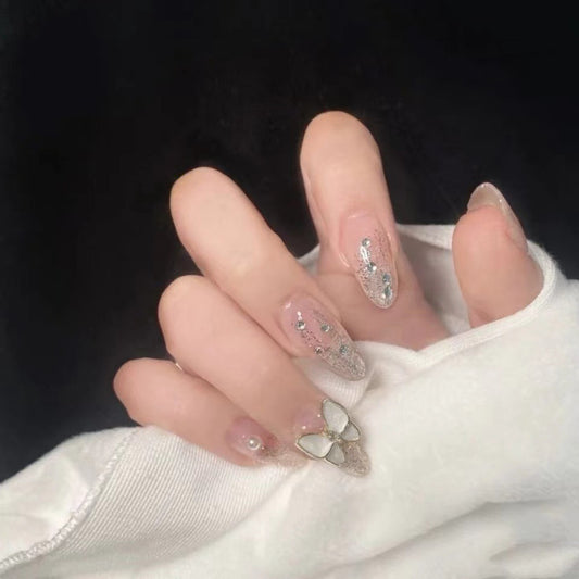 Enchanted Elegance Extra-Long Almond Beige Press On Nail Set with Rhinestone Accents