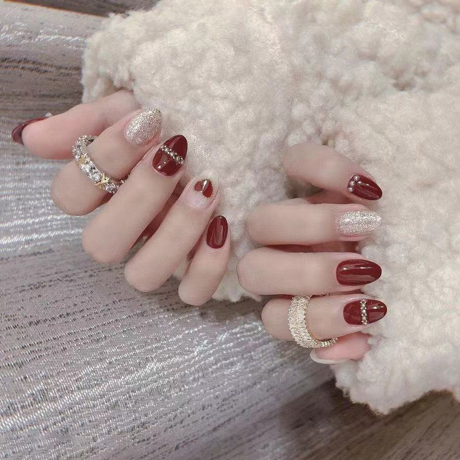 Elegant Autumn Collection Short Almond Burgundy Glitter Accent Press On Nail Set