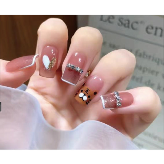 Whimsical Cartoon Bear Medium Square Press On Nail Set, Pink Glitter Accents with Adhesive Tabs