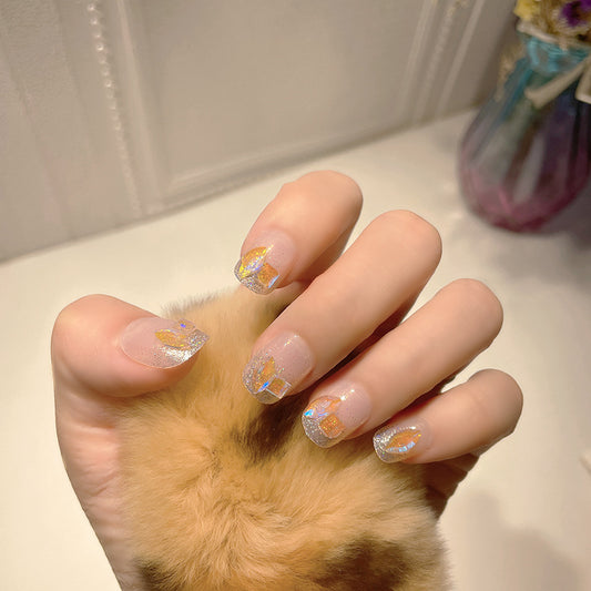 Ethereal Beauty Short Squoval Beige Press On Nail Set with Iridescent Accents and Glitter Detail