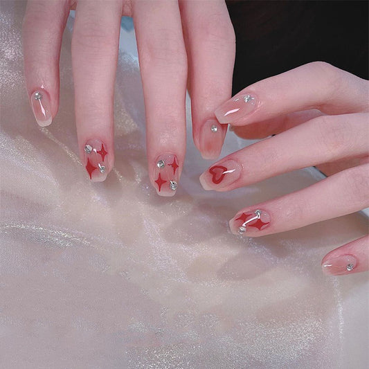 Enchanted Valentine Medium Coffin Red and Clear Press On Nails with Rhinestone Accents