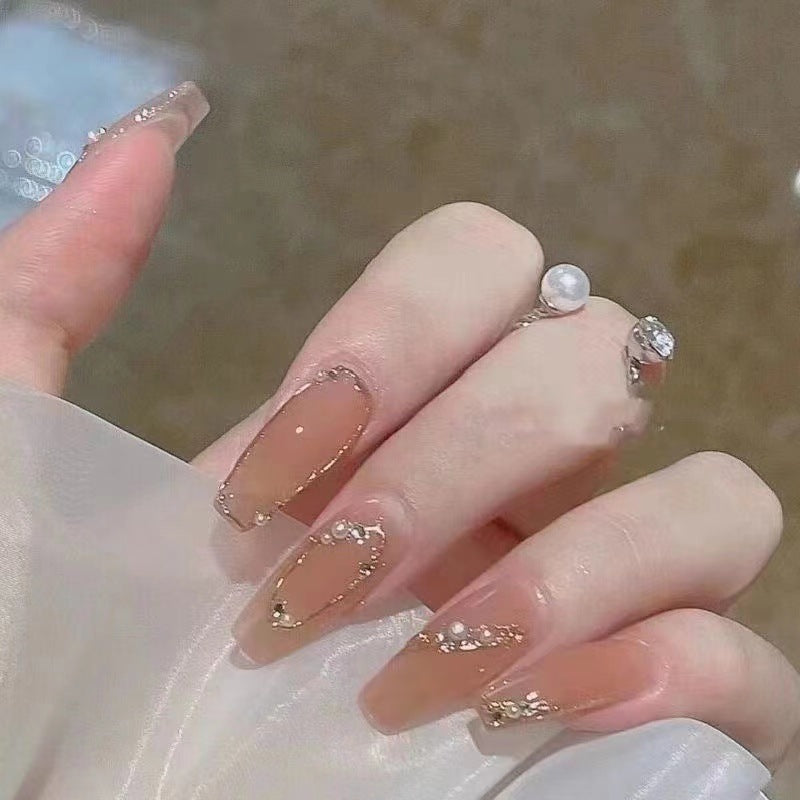 Elegant Bridal Collection Long Coffin Beige Press On Nails with Rhinestone Accents