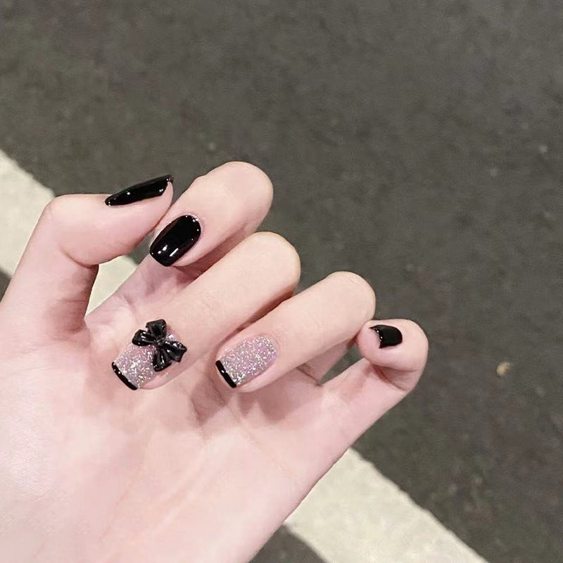 Elegant Midnight Sparkle Medium Square Black Press On Nails with Glitter Accent and Bow Detail