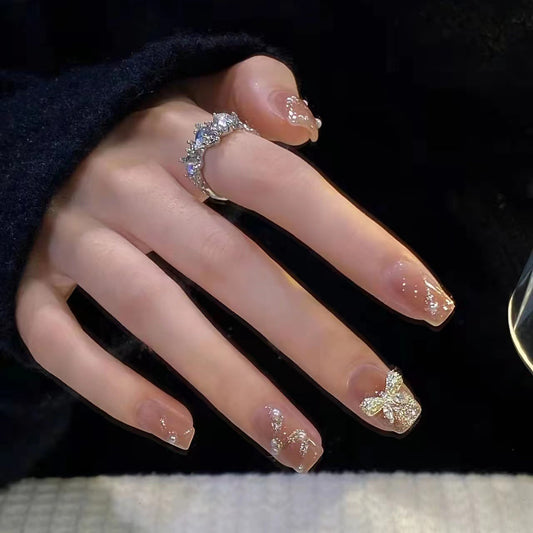 Elegant Sparkle Collection Short Square Beige Press On Nail Set with Glitter Accents