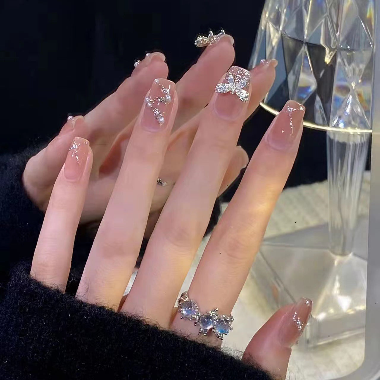 Elegant Sparkle Collection Medium Square Shape Beige Color Press On Nails with Rhinestone Accents