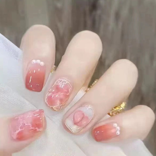 Elegant Romance Medium Squoval Peach Marble Effect Press On Nail Set with Floral Accents