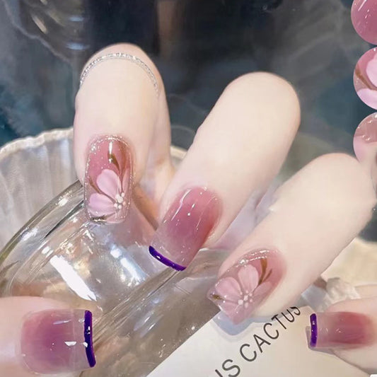 Enchanted Garden Medium Square Purple Press On Nail Set with Floral Accents and Glitter Detail