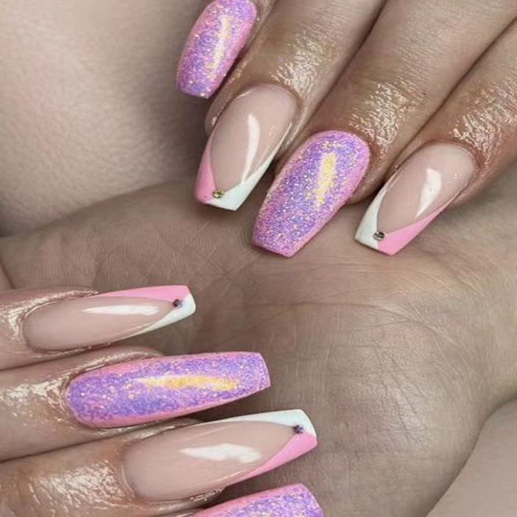 Enchanted Glamour Medium Coffin Pink and Purple Glitter Gradient Press-On Nails with Rhinestone Accents