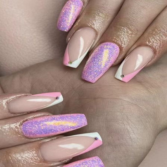 Enchanted Glamour Medium Coffin Pink and Purple Glitter Gradient Press-On Nails with Rhinestone Accents