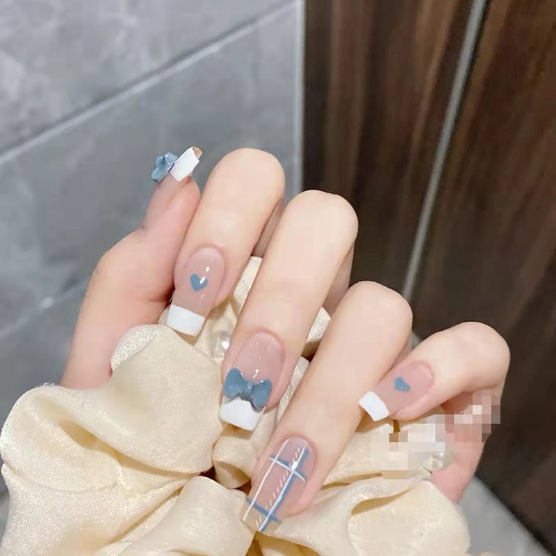 Elegant Romance Long Coffin Blue and White Press On Nail Set with Bow Accents and Striped Detail