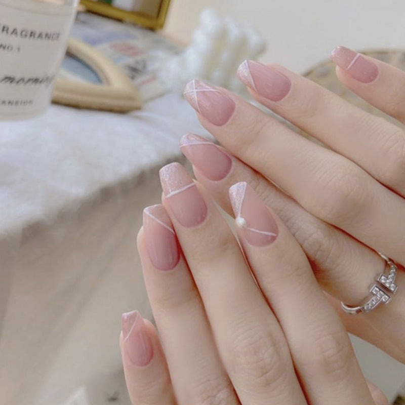 Elegant Bridal Collection Medium Coffin Pink Press On Nails with Glitter Accent and Pearl Embellishments