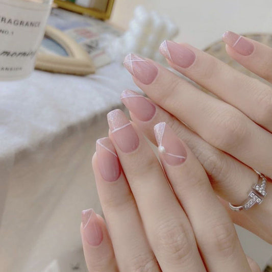 Elegant Bridal Collection Medium Coffin Pink Press On Nails with Glitter Accent and Pearl Embellishments