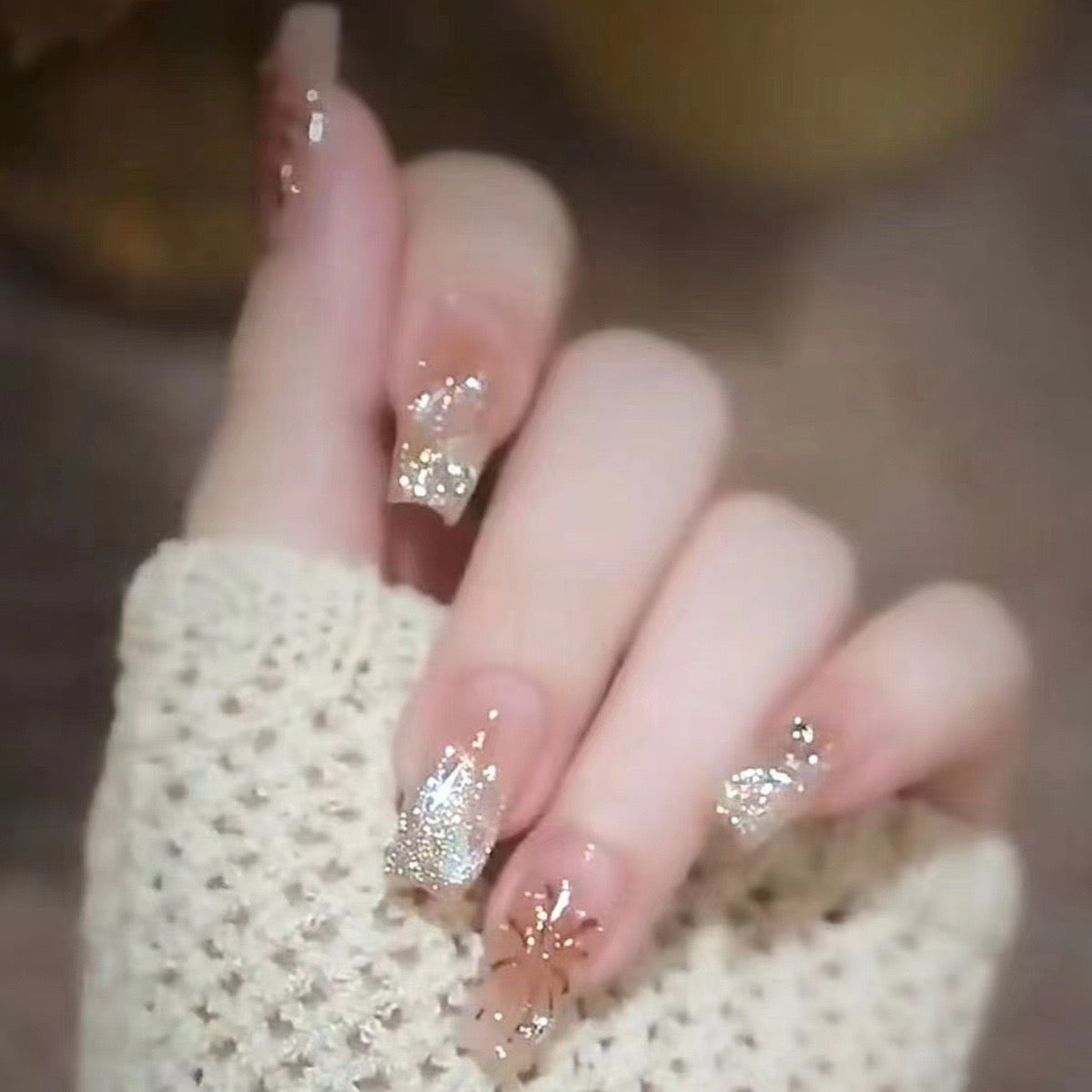 Cozy Sparkle Medium Square Beige Press-On Nail Set with Silver Glitter Fade and Rhinestone Accents