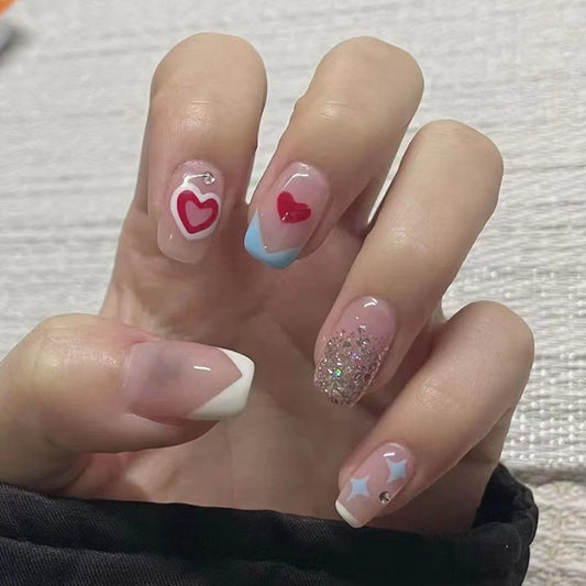 Sweetheart Romance Medium Square-Shaped Multicolor Press On Nail Set with Glitter Accents and Heart Designs