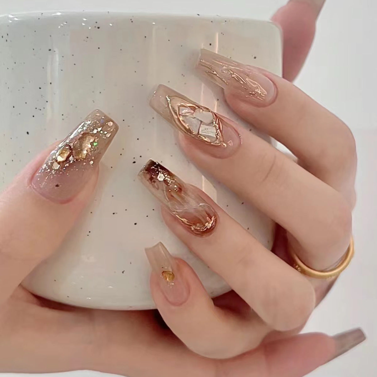 Elegant Autumn Long Coffin Beige Press On Nail Set with Gold Foil Accents