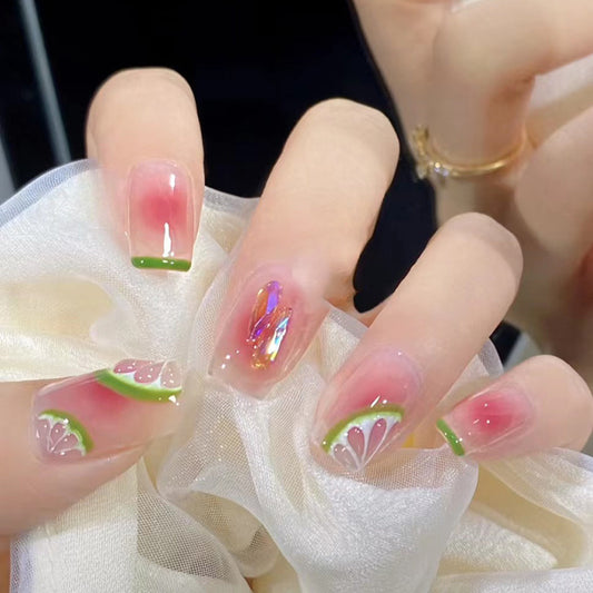 Enchanted Garden Medium Length Square Shape Pink Ombre Press On Nail Set with Floral Accents and Sparkling Gemstones