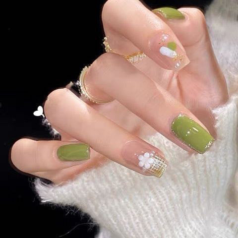 Enchanted Garden Medium Square Olive Green & Beige Press On Nails with Floral Accents and Gold Glitter Detail