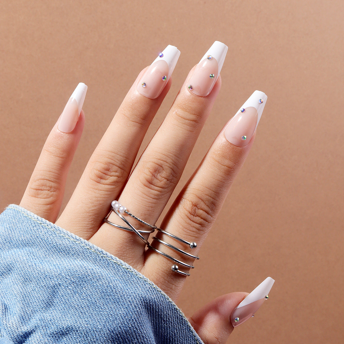 Elegant Gala Long Coffin French Tip White Press On Nail Set with Rhinestone Accents