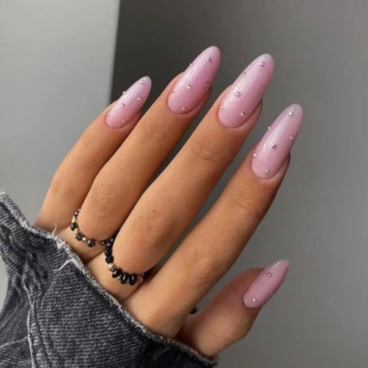 Elegant Lavender Long Almond False Nails with Sparkling Rhinestone Accents