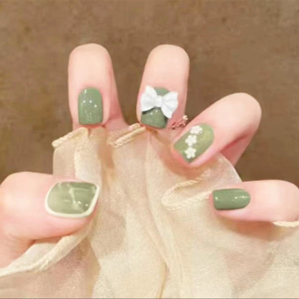 Enchanted Garden Short Length Square Olive Green Press On Nail Set with Floral Accents and Glitter Detail