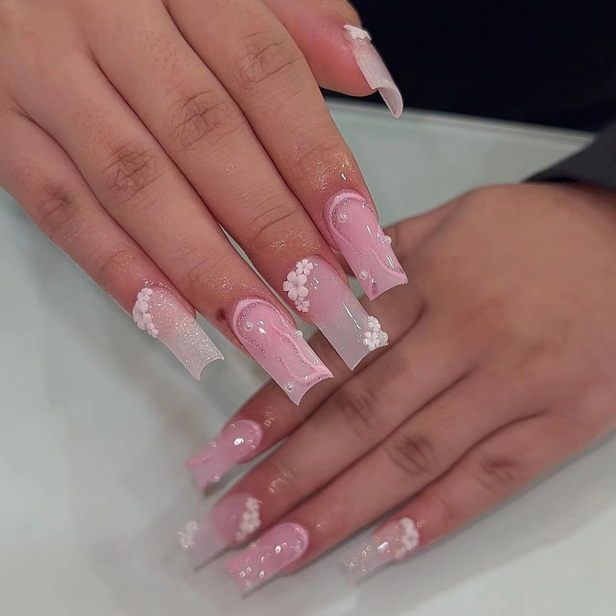 Enchanted Elegance Extra-Long Square Baby Pink Press On Nails with 3D Flower Accents