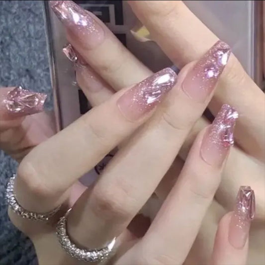Glamorous Glitter Extravaganza Long Coffin Pink Press On Nail Set with Sparkling Sequin Finish