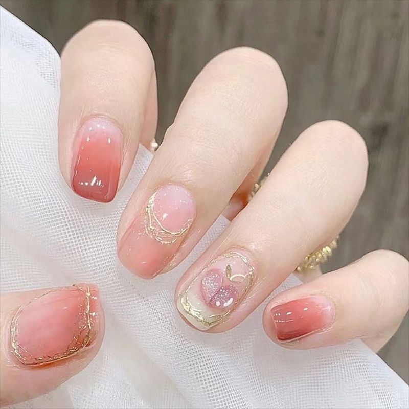 Enchanted Rose Garden Medium Squoval Pink Press On Nail Set with Gold Foil Accents