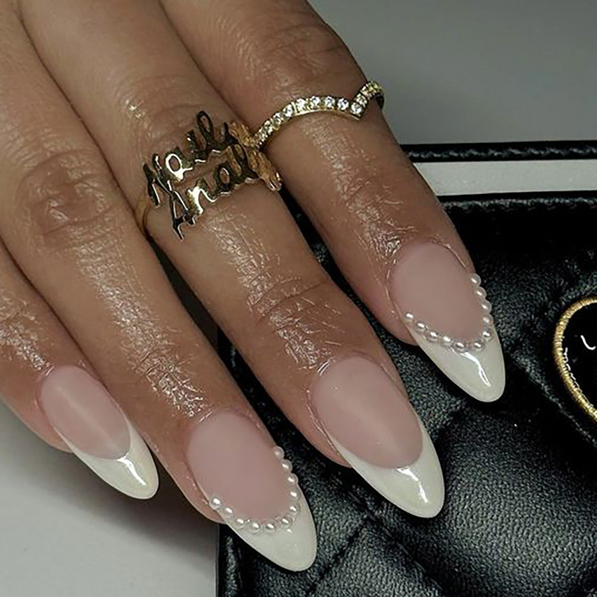 Elegant Bridal Medium Almond Beige and White Ombre Press On Nail Set with Pearl Accents