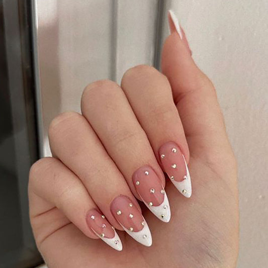 Elegant Bridal Medium Almond Pink and White Ombre Press On Nail Set with Rhinestone Embellishments