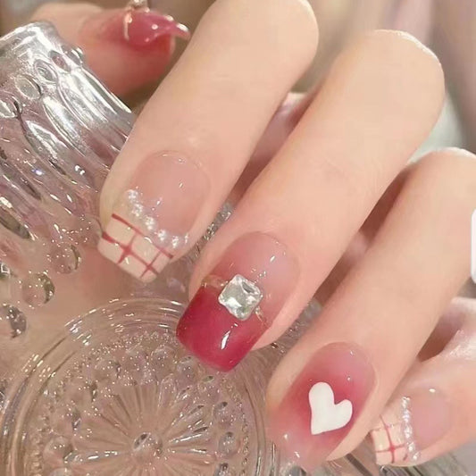 Valentine's Romance Medium Square Ombre Red Press On Nail Set with Rhinestone Accents and Love Heart Design
