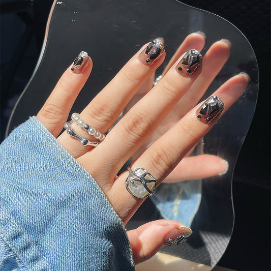 Gothic Elegance Short Square Black Press On Nail Set with Rhinestone Embellishments