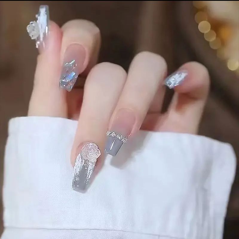 Enchanted Ice Queen Long Coffin Silver Glitter Press On Nail Set with Accent Crystals