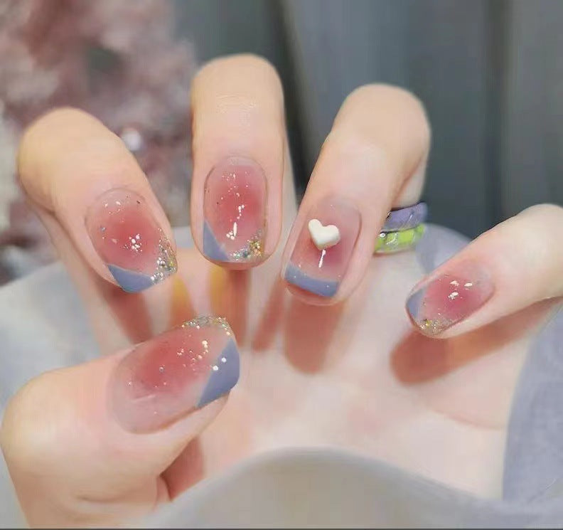 Enchanted Evening Short Square Gradient Blue Press On Nail Set with Glitter Accents and Heart Charm