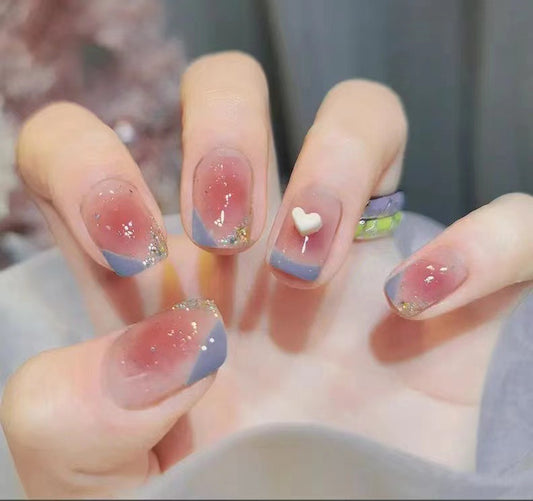 Enchanted Evening Short Square Gradient Blue Press On Nail Set with Glitter Accents and Heart Charm