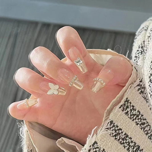 Elegant Charm Long Coffin Clear Press On Nails with Rhinestone Accents