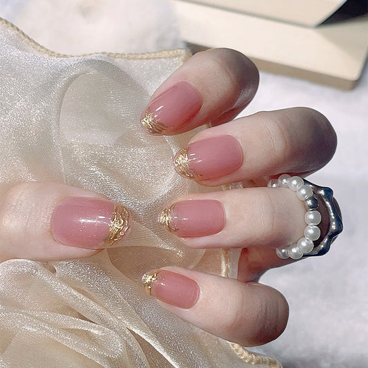 Elegant Affair Short Length Round Pink Press On Nails with Gold Foil Accents